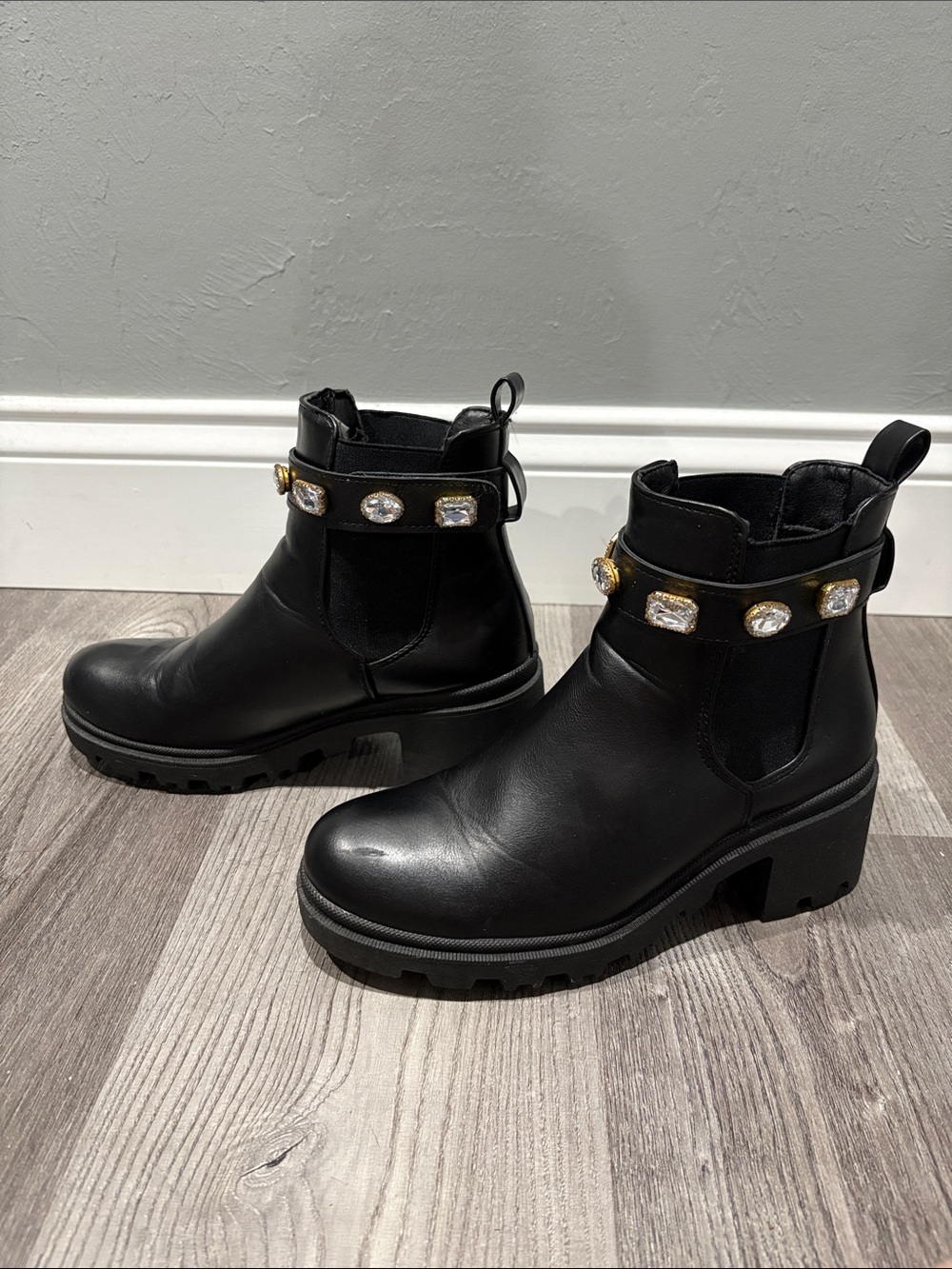 Women's Black Chelsea Lug Boots with Jeweled Strap - Picture 3 of 6
